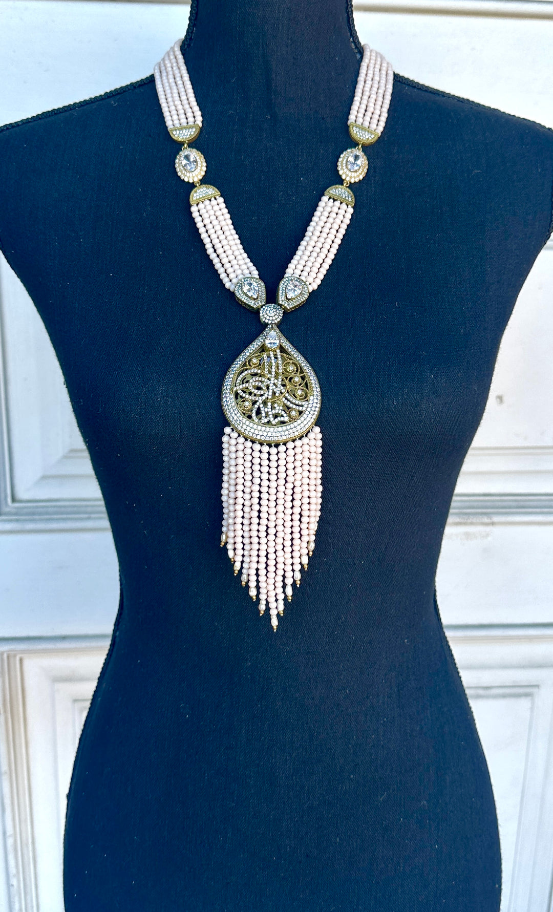 Long Turkish Tughra Tassel Necklace - Blush Pink