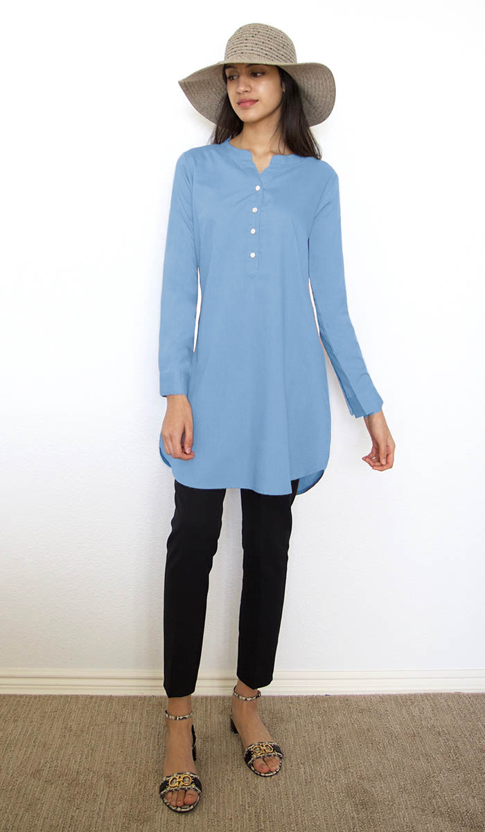 Parisa Mostly Cotton Long Modest Everyday Tunic - French Blue