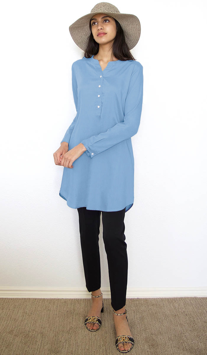 Parisa Mostly Cotton Long Modest Everyday Tunic - French Blue