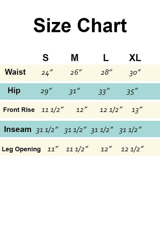 Size chart for Riva pants. 