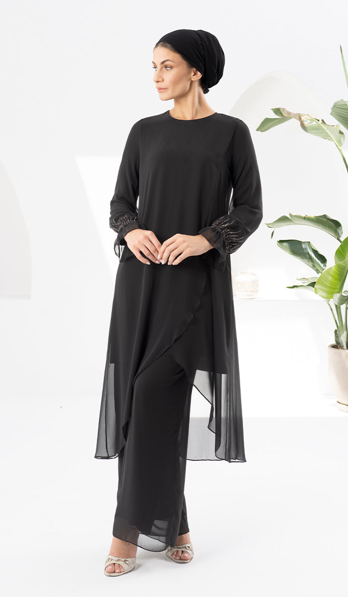 Safa Dressy Long Modest Midi Tunic - Black