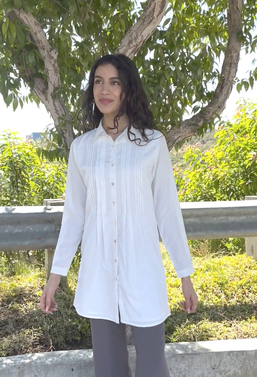 Hanane Pleated Mostly Cotton Button Down Tunic Dress - Off White