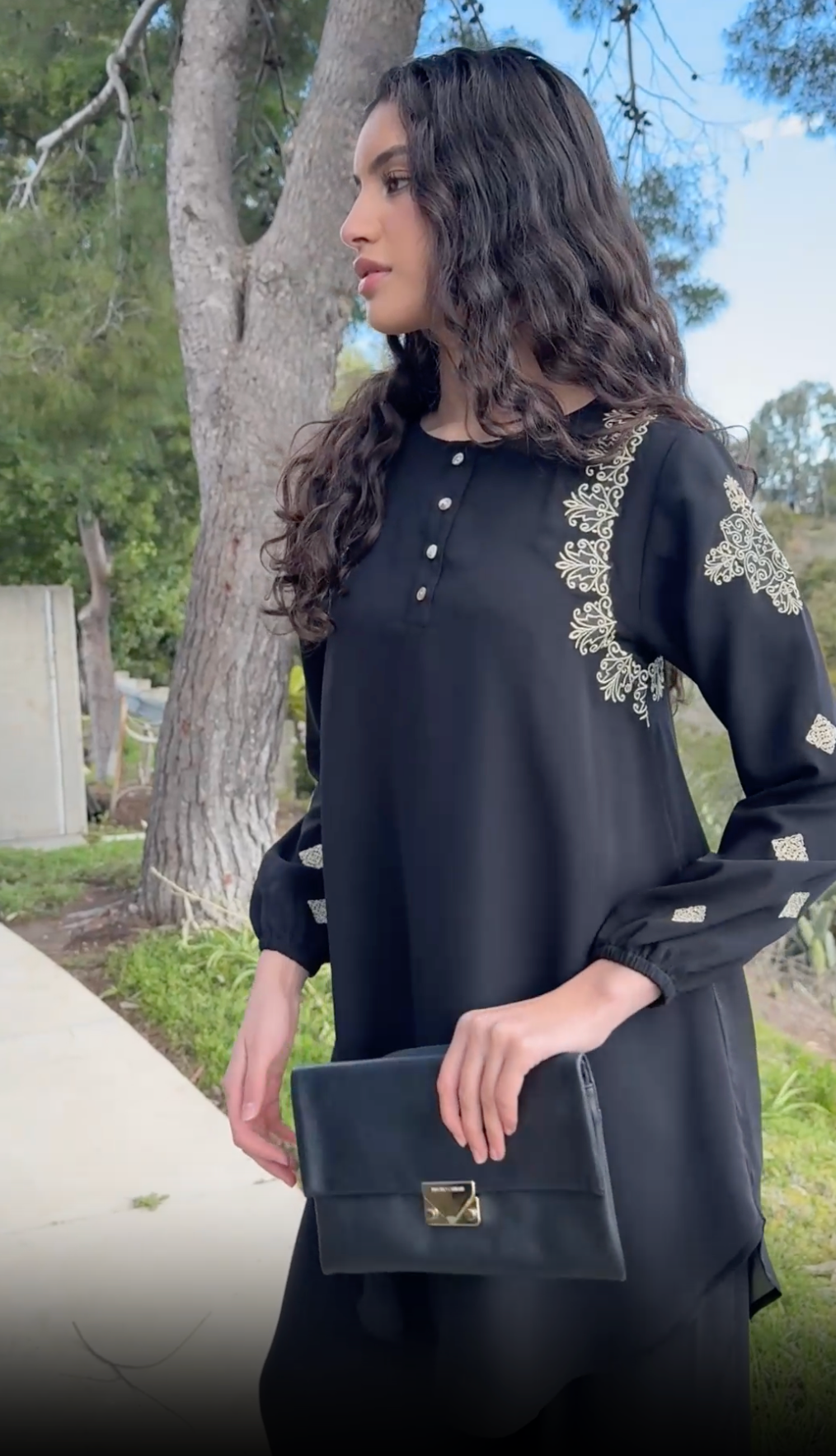 Azmi Gold Embroidered Long Modest Tunic - Black