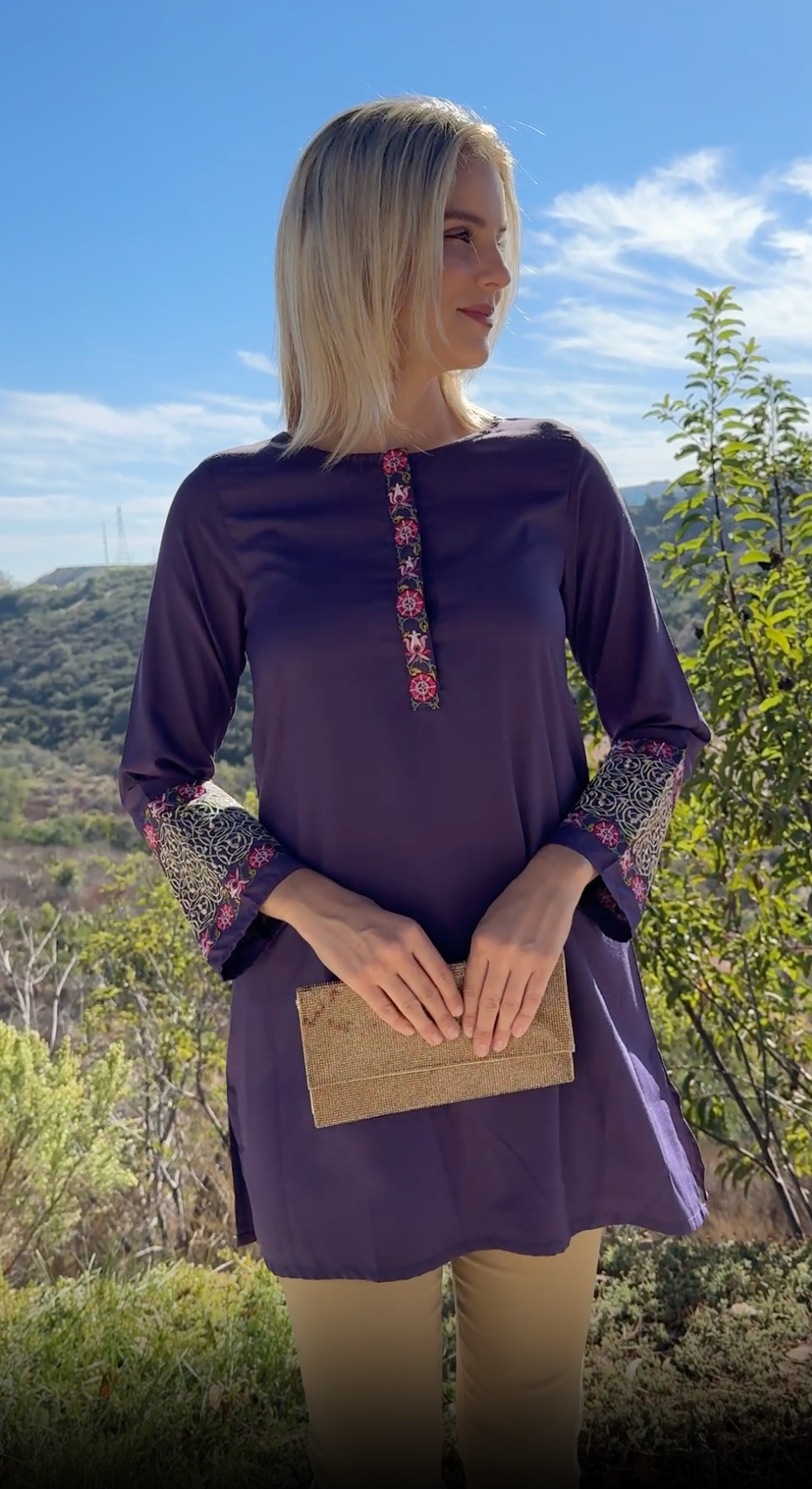 Siyar Embroidered Modest Formal Tunic - Iris/Gold - PREORDER (ships in 2 weeks)