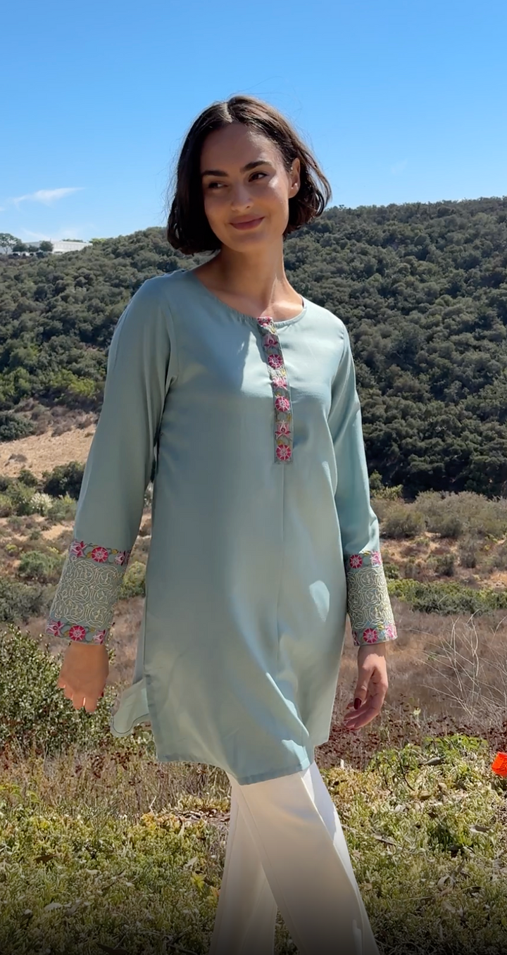 Siyar Embroidered Modest Formal Tunic - Sage/Gold - PREORDER (ships in 2 weeks)