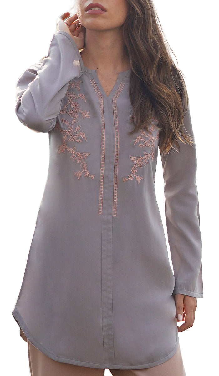 Shermin Embroidered Long Modest Tunic - Pearl