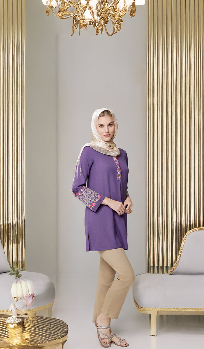 Siyar Embroidered Modest Formal Tunic - Iris/Gold