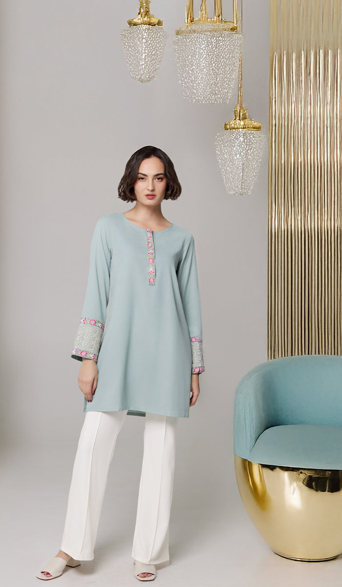 Siyar Embroidered Modest Formal Tunic - Sage/Gold