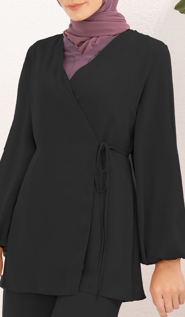 Ula Light Long Comfy Wrap Shirt Jacket - Black - Final Sale