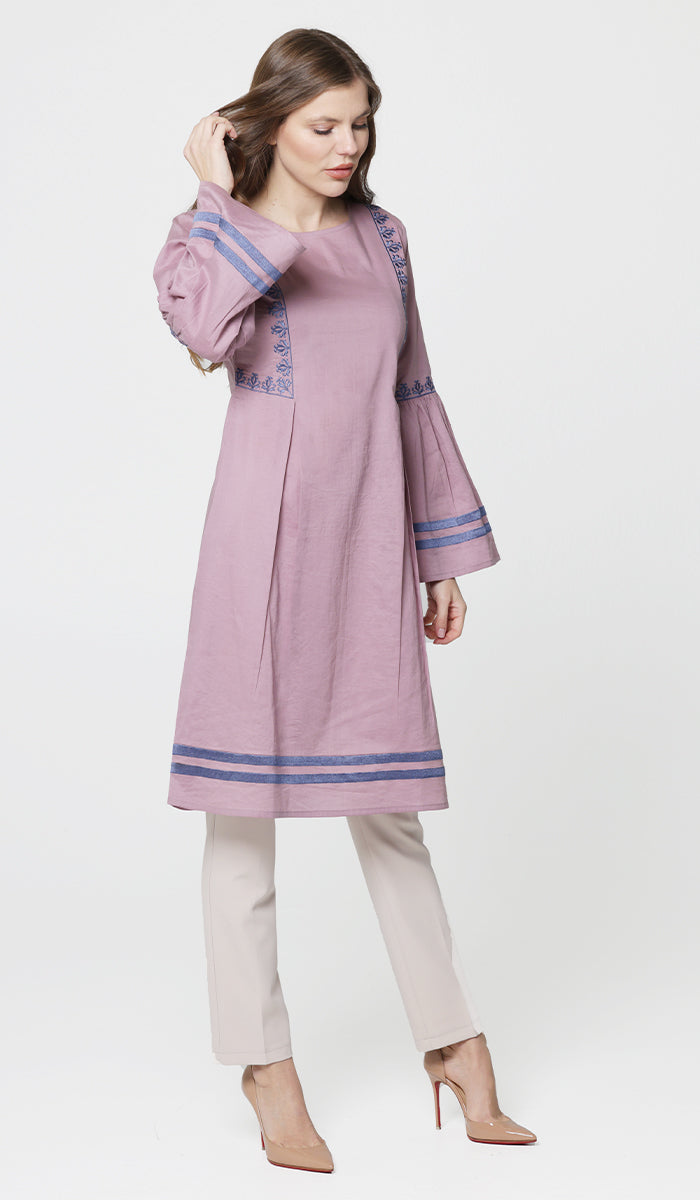 Aicha Embroidered Cotton Modest Midi Tunic - Mauve