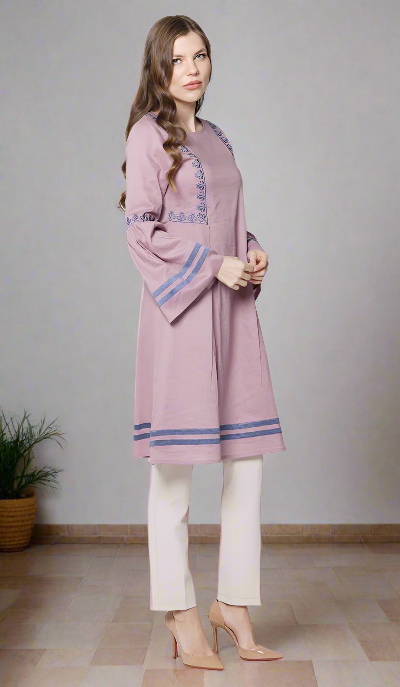 Aicha Embroidered Cotton Modest Midi Tunic - Mauve