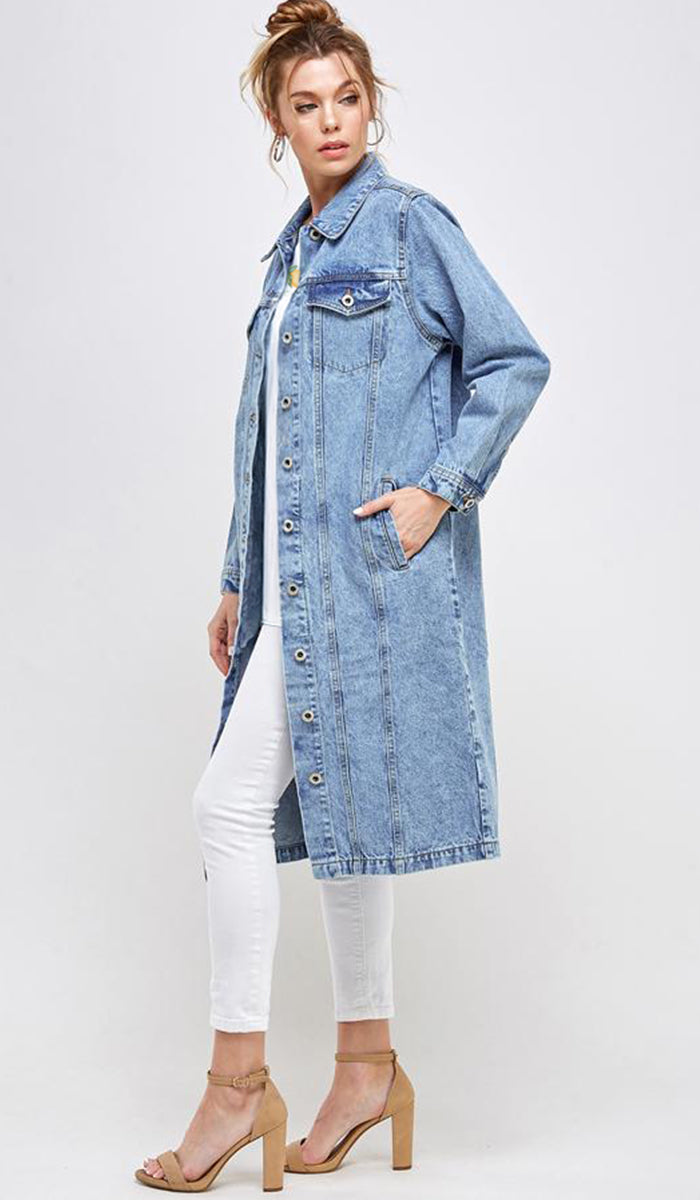 Aliza Long Cotton Denim Trench Jacket