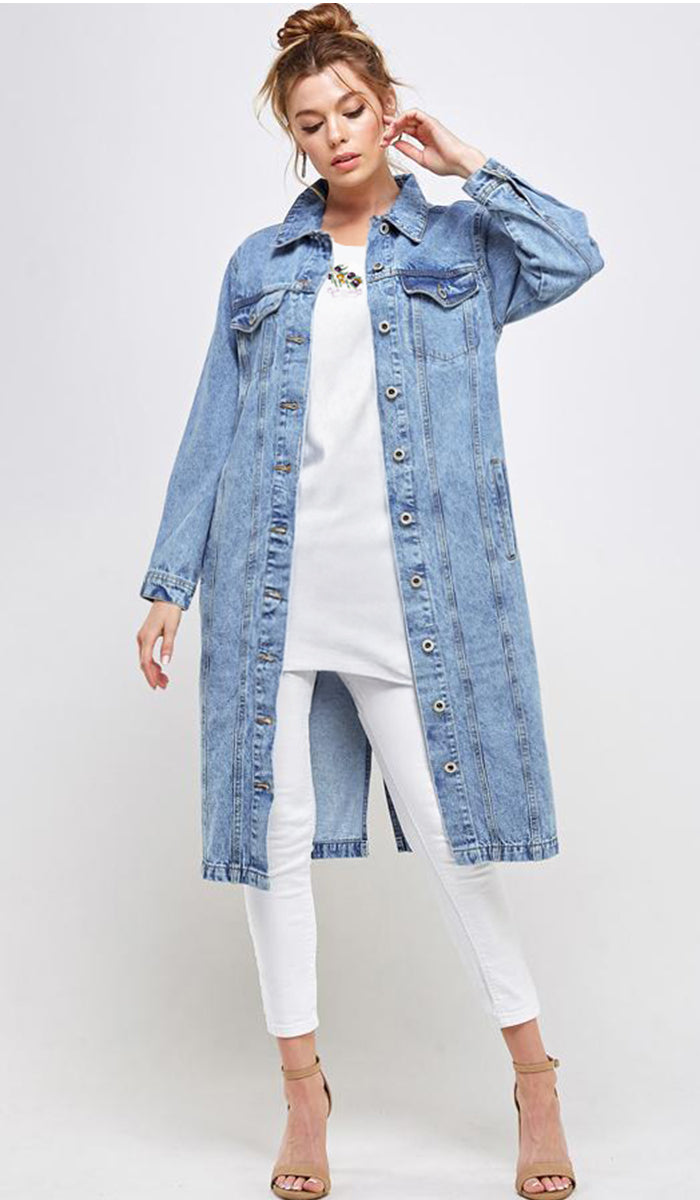 Aliza Long Cotton Denim Trench Jacket