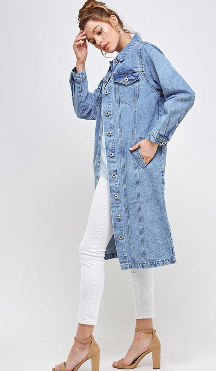 Aliza Long Cotton Denim Trench Jacket