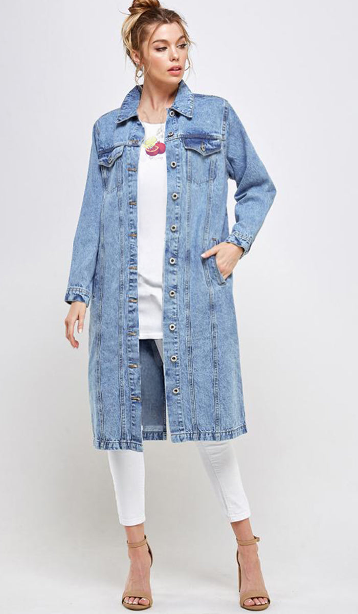 Aliza Long Cotton Denim Trench Jacket