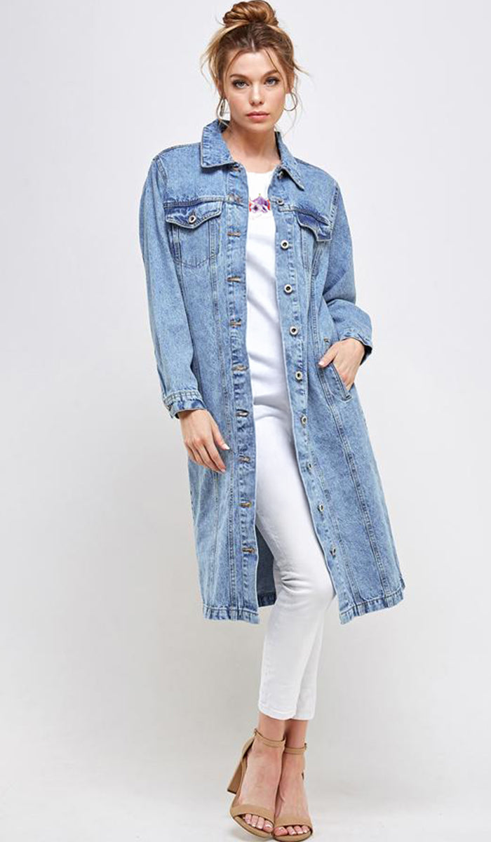 Aliza Long Cotton Denim Trench Jacket