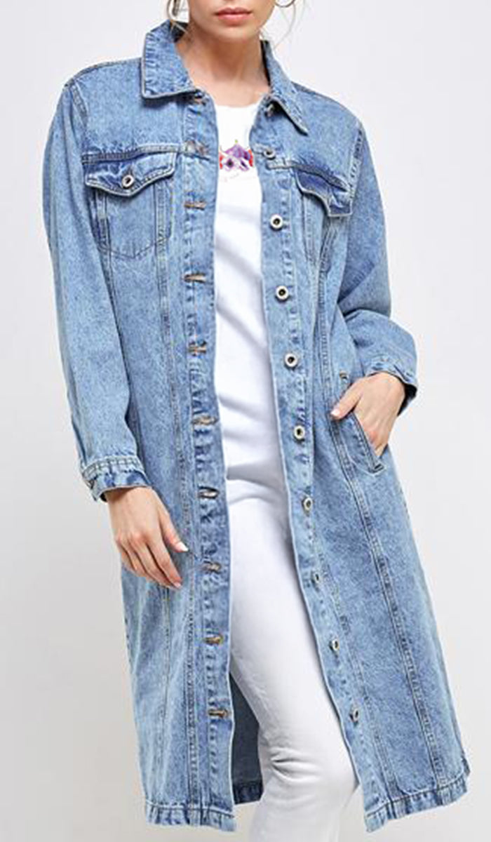 Aliza Long Cotton Denim Trench Jacket