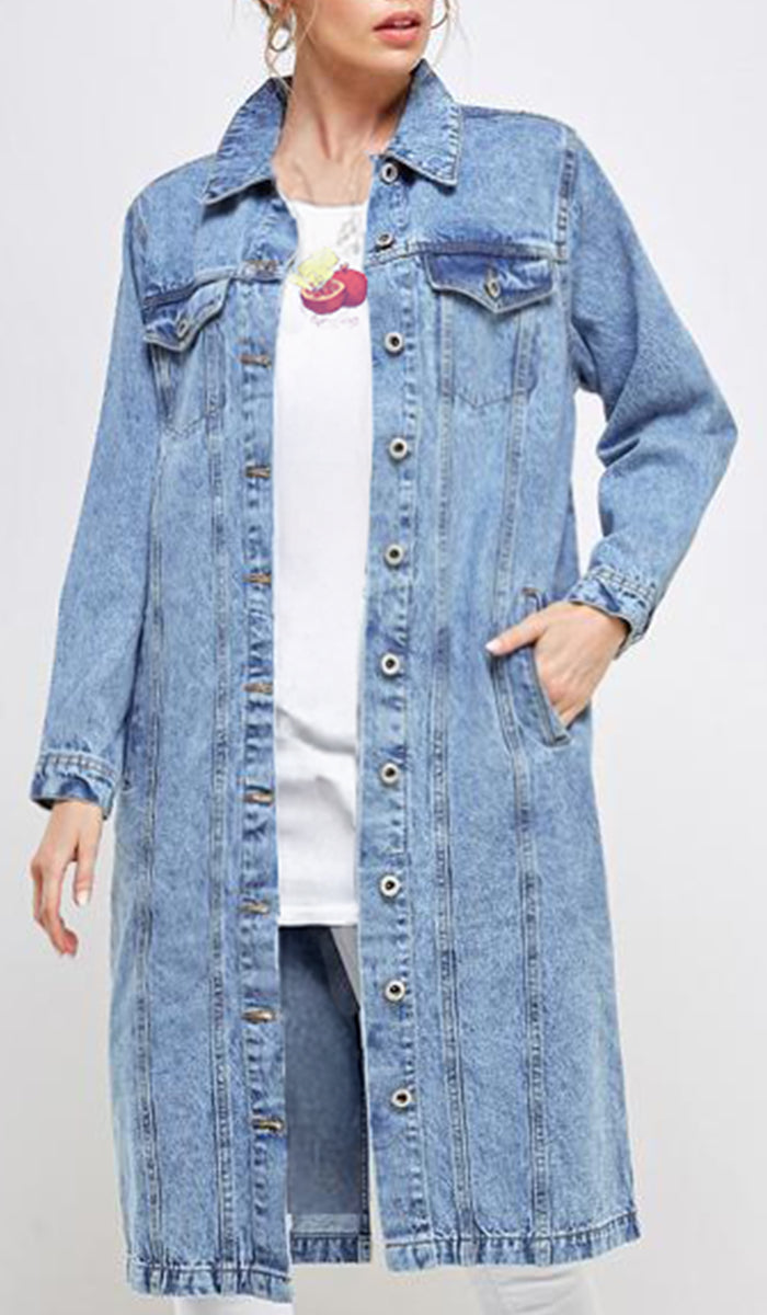 Aliza Long Cotton Denim Trench Jacket