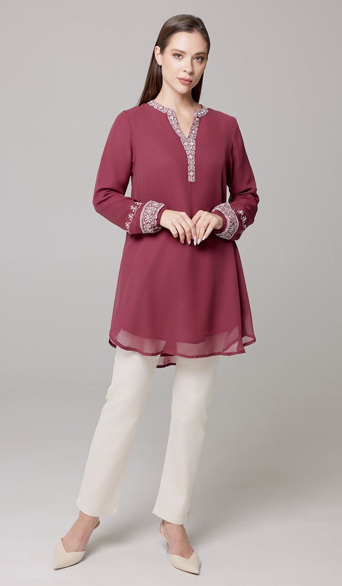 Amalie Embroidered Long Modest Tunic - Orchid