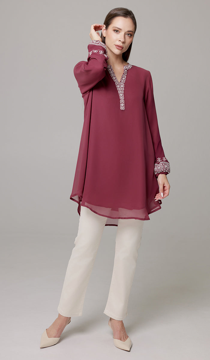 Amalie Embroidered Long Modest Tunic - Orchid