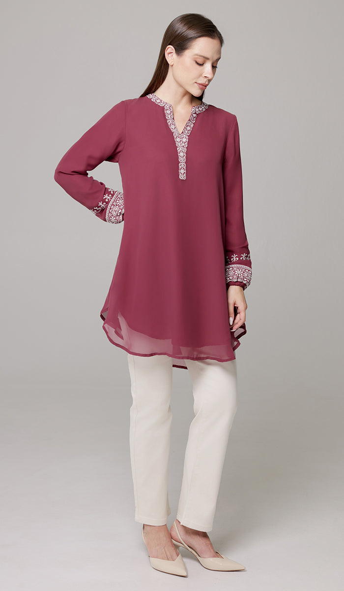 Amalie Embroidered Long Modest Tunic - Orchid