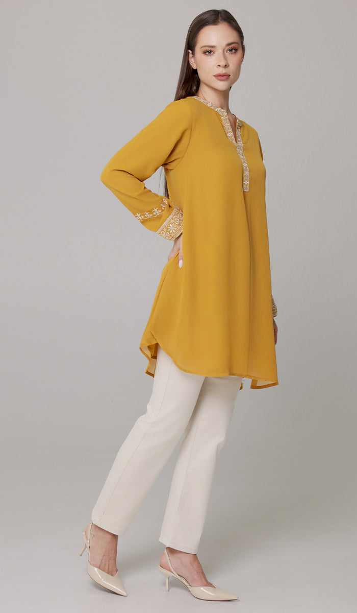 Amalie Embroidered Long Modest Tunic - Saffron - PREORDER (ships in 2 weeks)