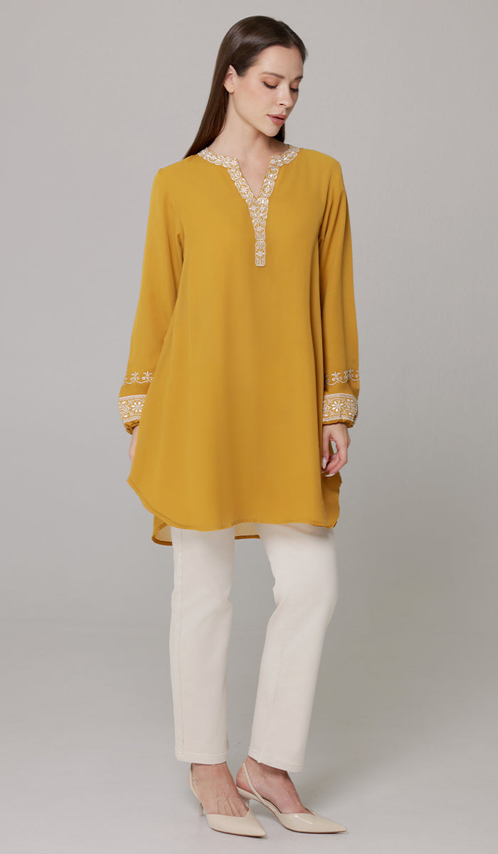 Amalie Embroidered Long Modest Tunic - Saffron - PREORDER (ships in 2 weeks)