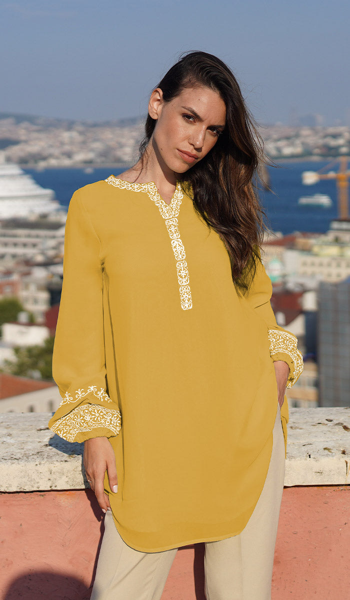 Amalie Embroidered Long Modest Tunic - Saffron