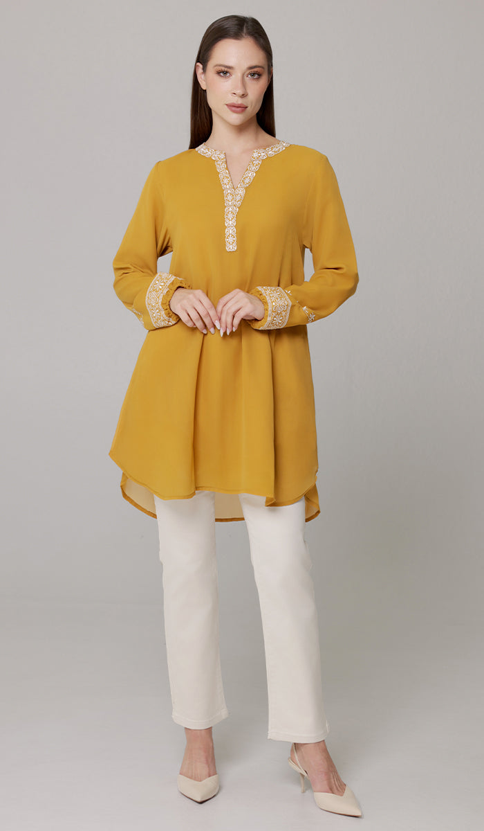 Amalie Embroidered Long Modest Tunic - Saffron - PREORDER (ships in 2 weeks)