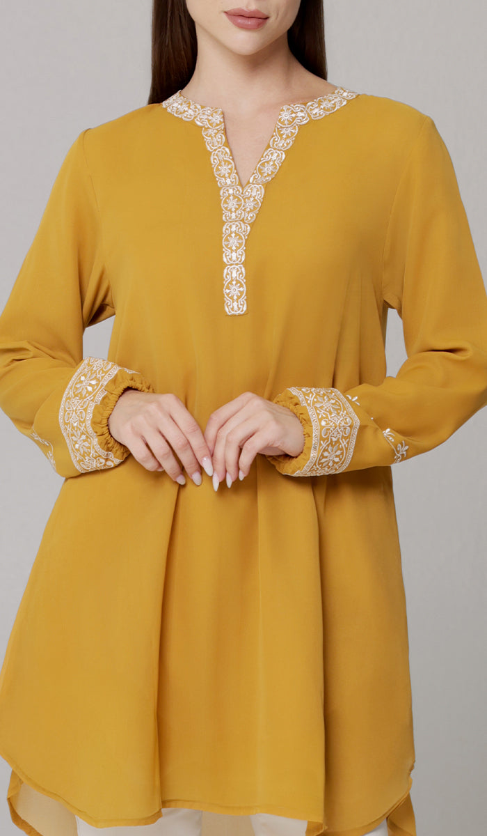 Amalie Embroidered Long Modest Tunic - Saffron - PREORDER (ships in 2 weeks)