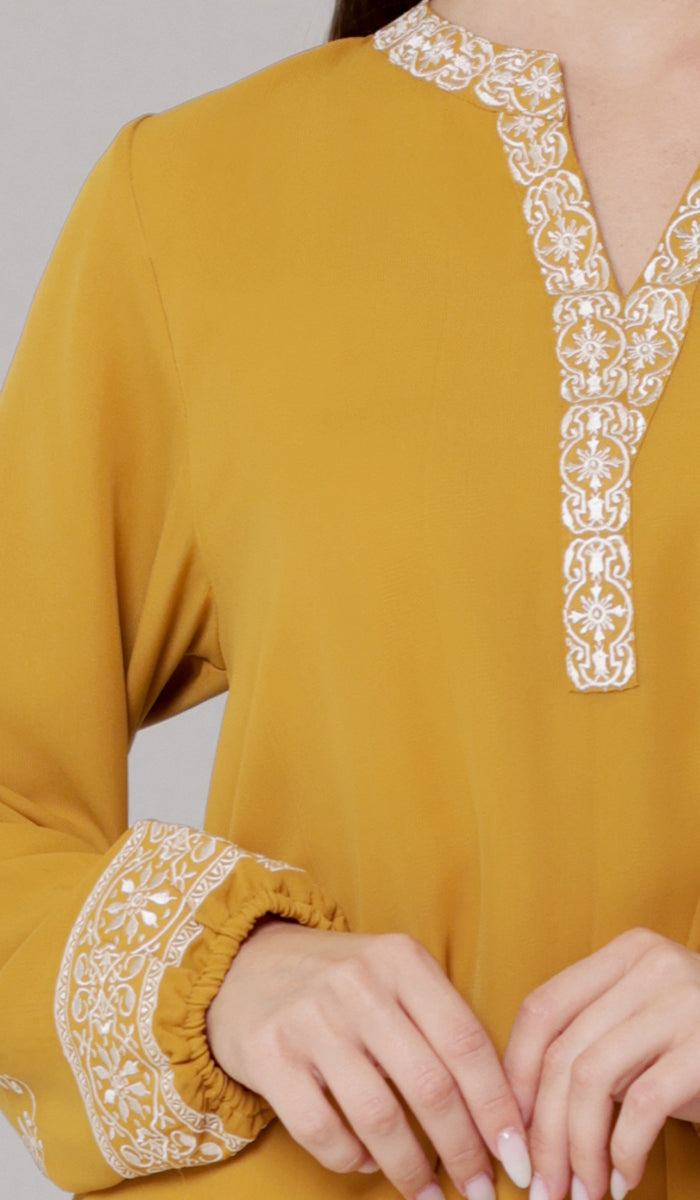 Amalie Embroidered Long Modest Tunic - Saffron - PREORDER (ships in 2 weeks)