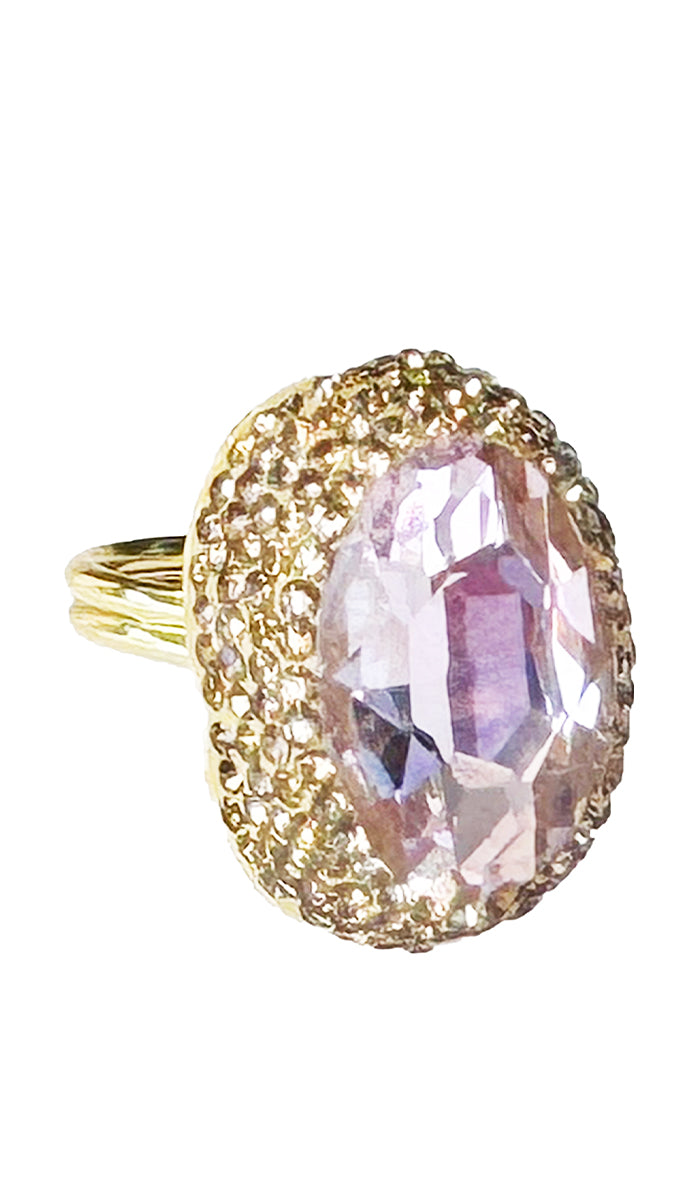 oval blush pink jewel ring with gold shimmer crystals.