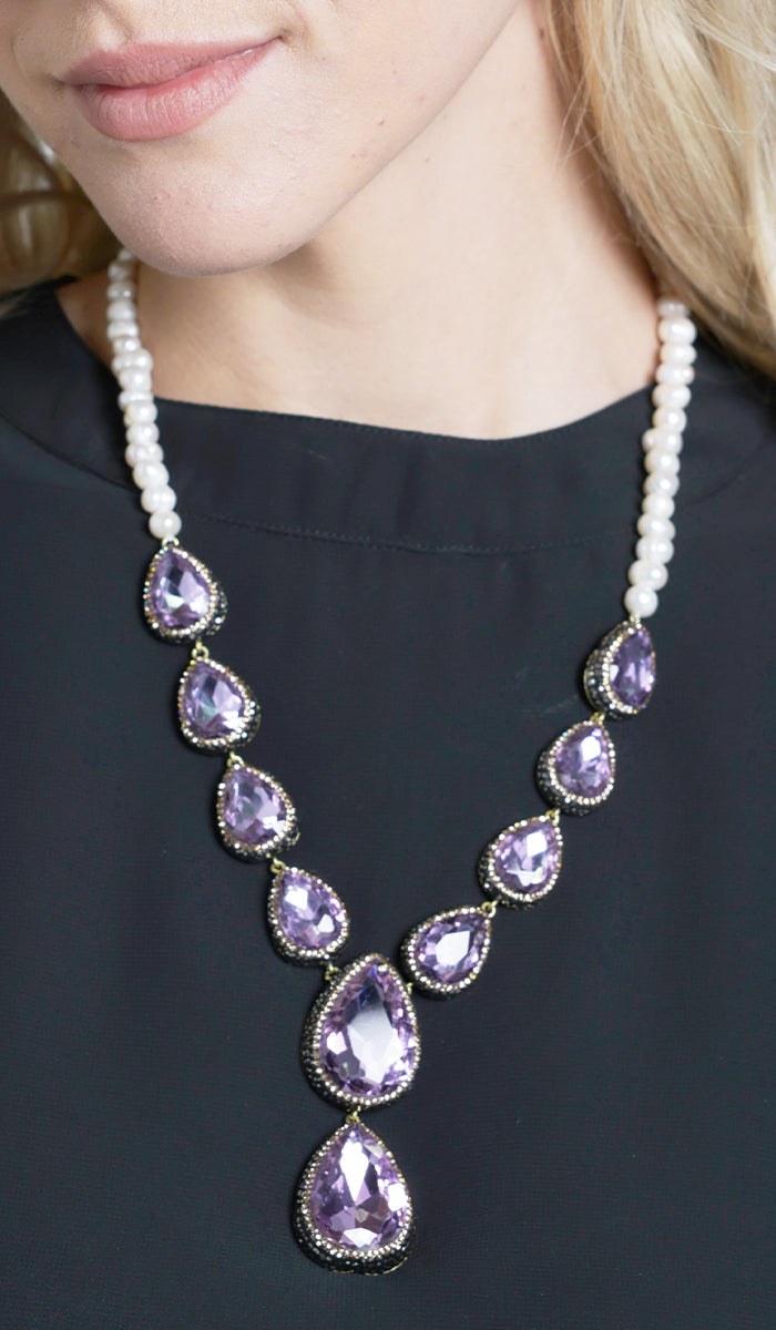 Amira Jeweled Statement Necklace - Purple / Pearl