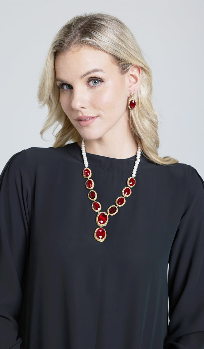 Amira Jeweled Statement Necklace - Red/ Pearl