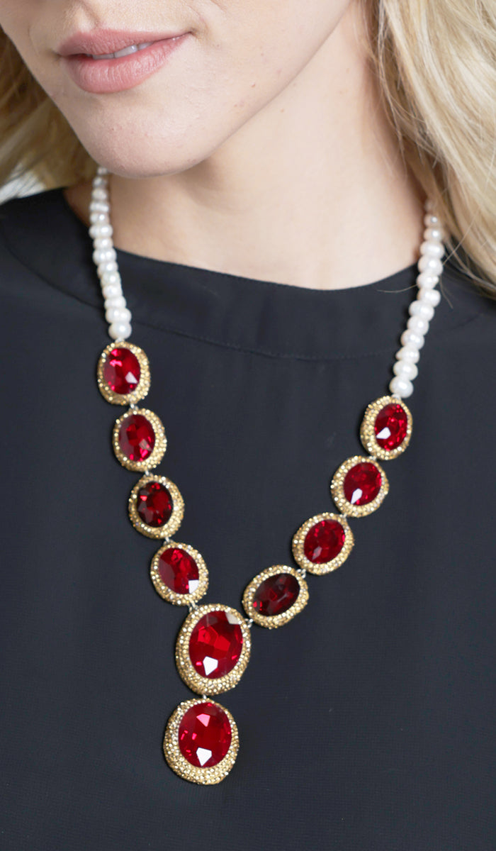 Amira Jeweled Statement Necklace - Red/ Pearl