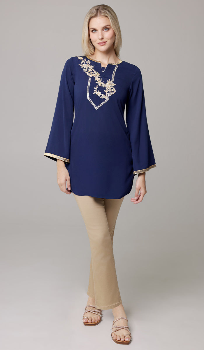 Ana Gold Embellished Modest Formal Tunic - Navy - PREORDER (ships in 2 weeks)