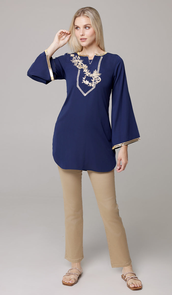 Ana Gold Embellished Modest Formal Tunic - Navy - PREORDER (ships in 2 weeks)