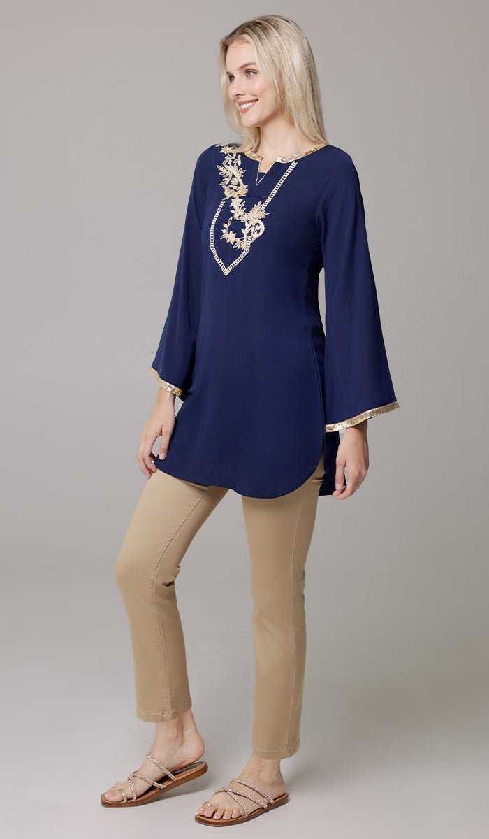 Ana Gold Embellished Modest Formal Tunic - Navy - PREORDER (ships in 2 weeks)