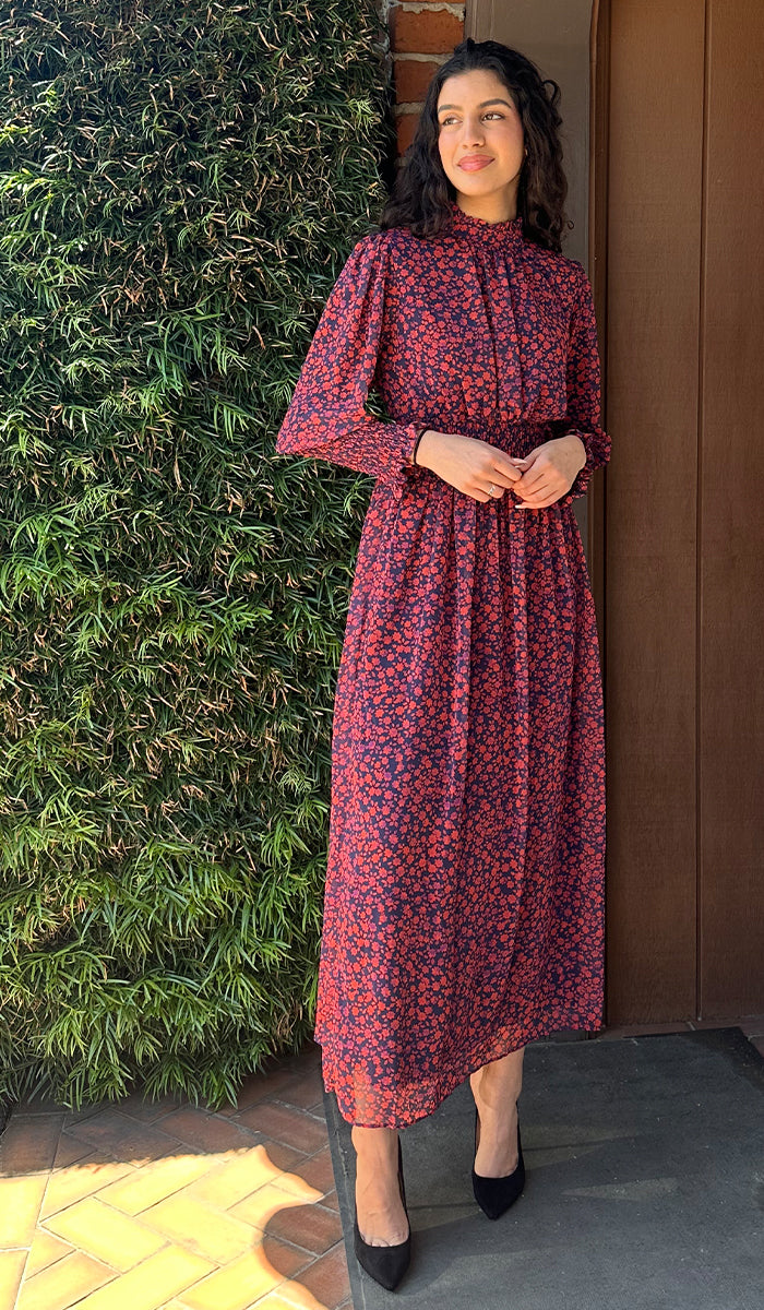 Anisa Modest Long Floral Print Elastic Waist Maxi Dress - Red/ Navy Floral - Final Sale