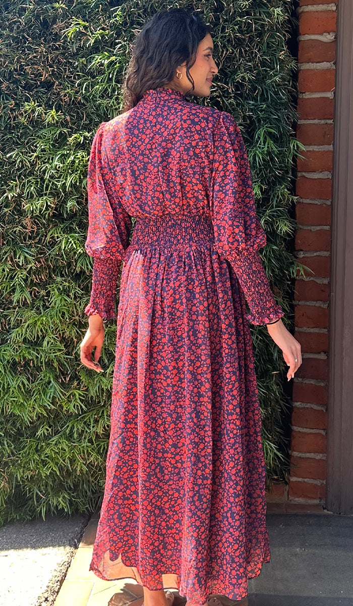 Anisa Modest Long Floral Print Elastic Waist Maxi Dress - Red/ Navy Floral - Final Sale