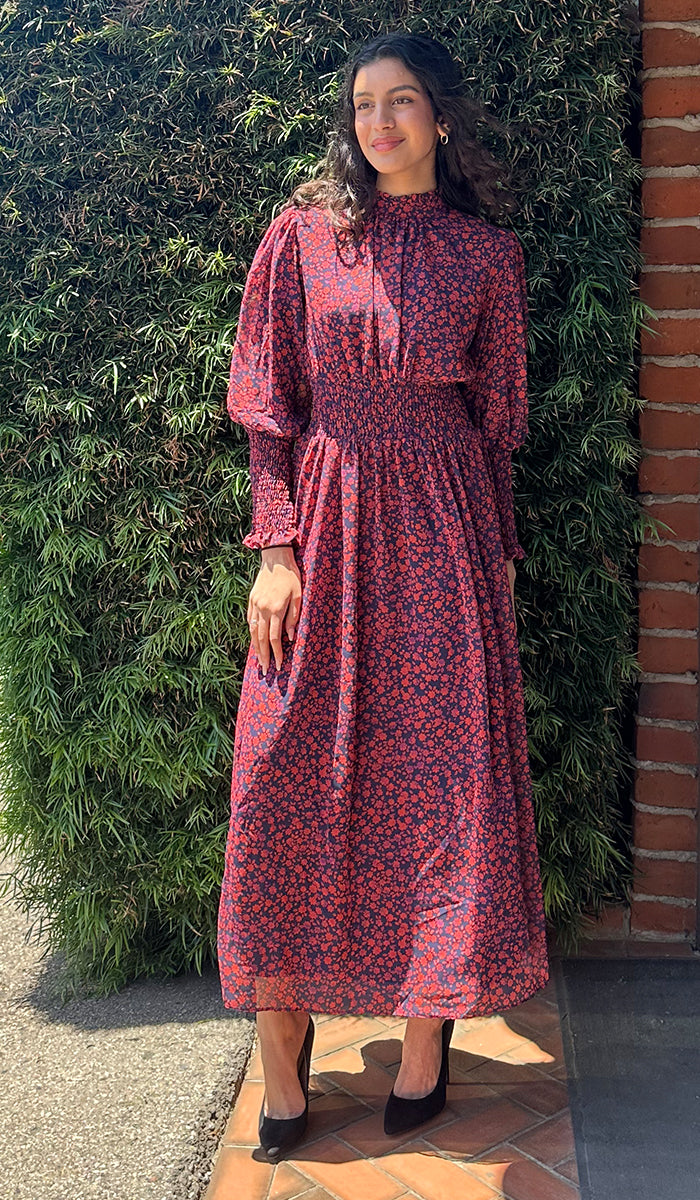 Anisa Modest Long Floral Print Elastic Waist Maxi Dress - Red/ Navy Floral - Final Sale