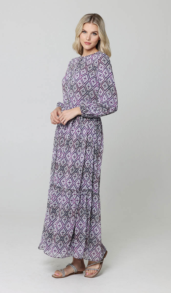 Armine Modest Long Tiered Print Maxi Dress - Purple - Final Sale