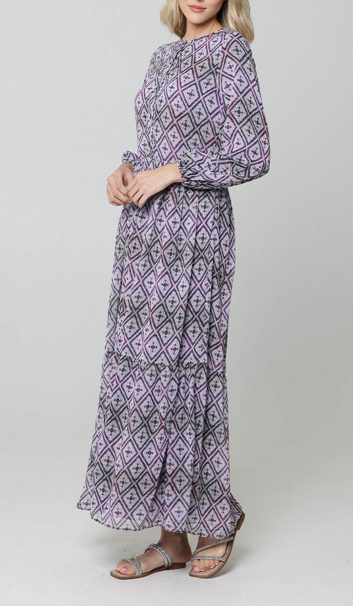 Armine Modest Long Tiered Print Maxi Dress - Purple - Final Sale