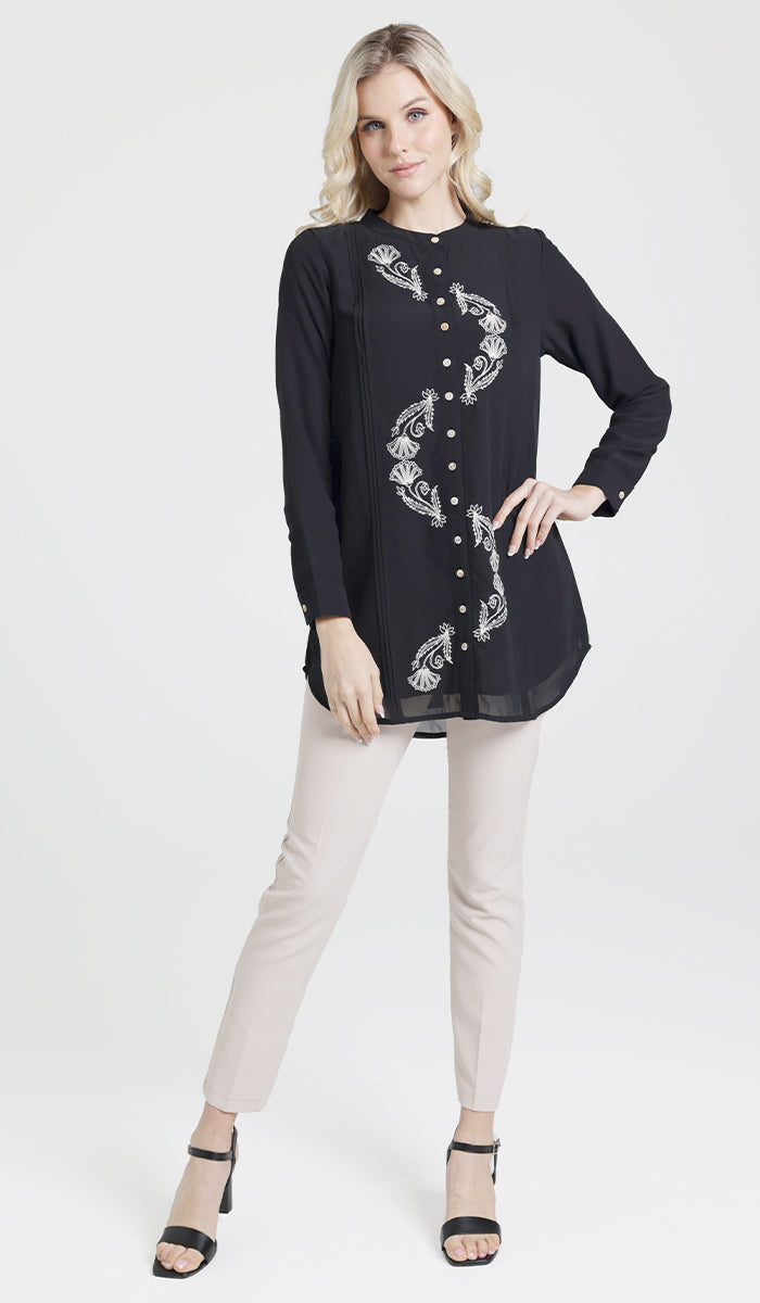 Aroosa Embroidered Chiffon Modest Button down Shirt - Black