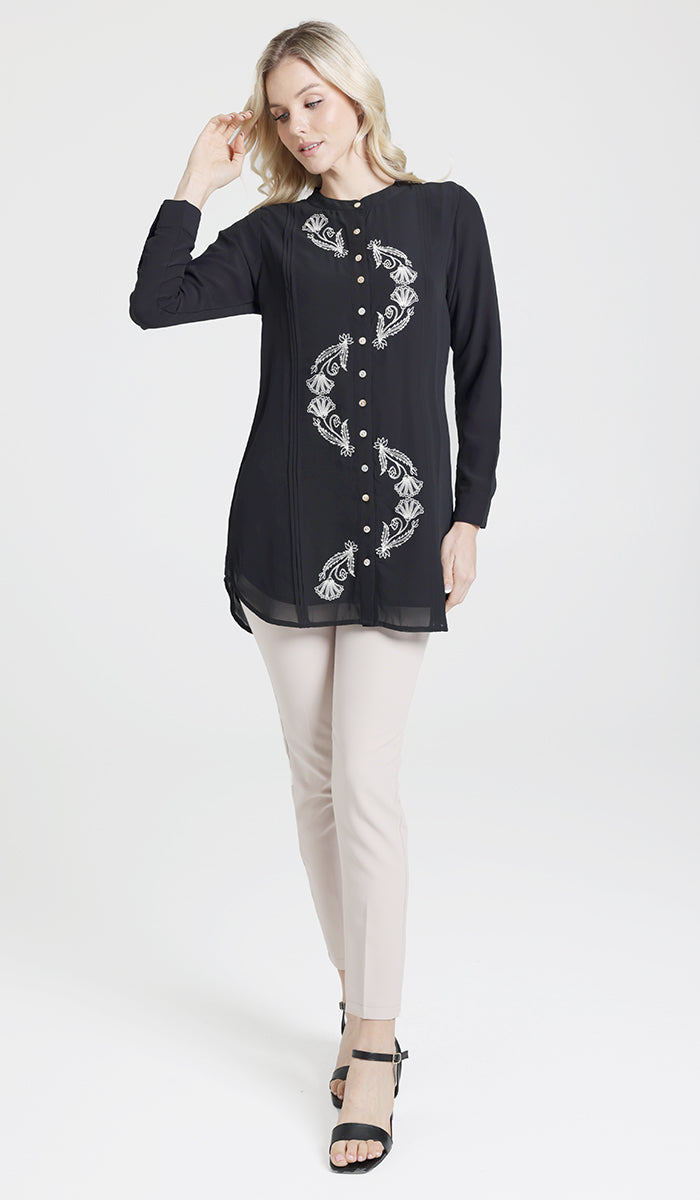 Aroosa Embroidered Chiffon Modest Button down Shirt - Black