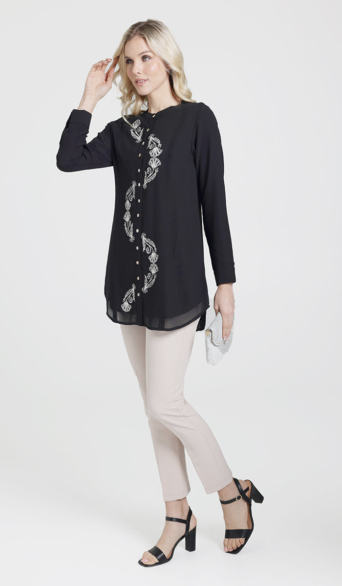 Aroosa Embroidered Chiffon Modest Button down Shirt - Black