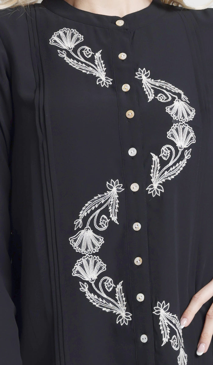 Aroosa Embroidered Chiffon Modest Button down Shirt - Black