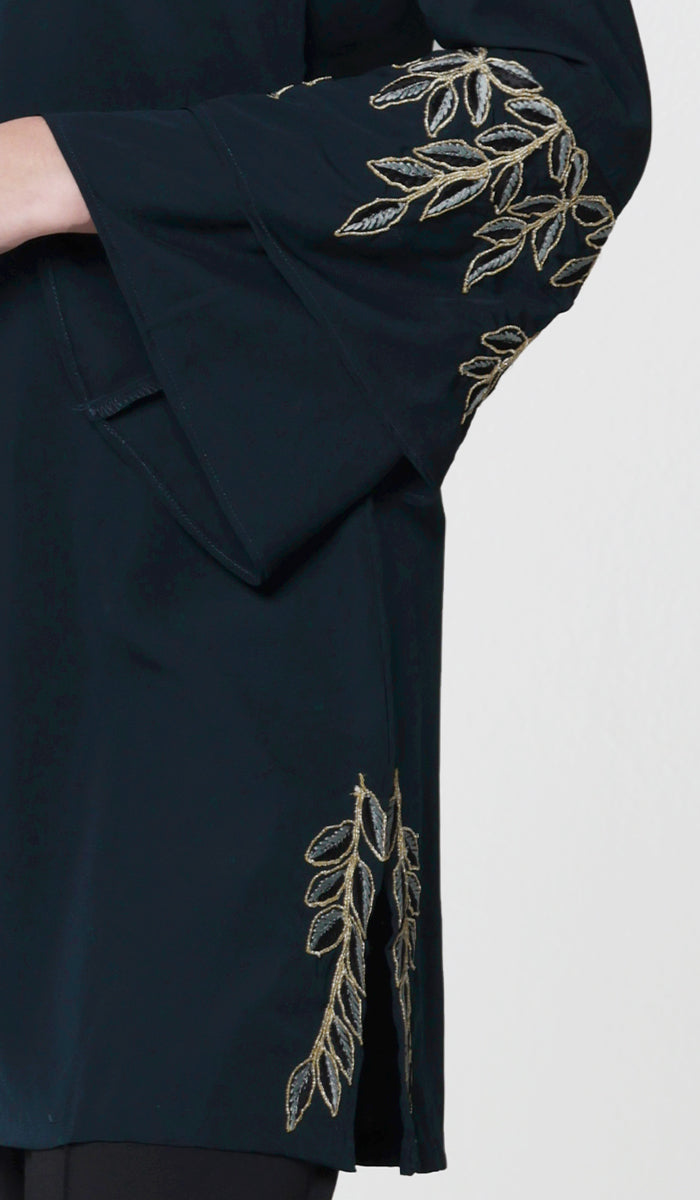 Embroidery details of Arzoo tunic in Dark Teal. 