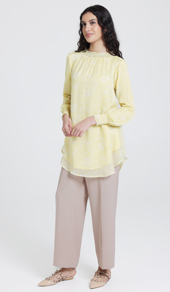 Azadi essential long chiffon print modest tunic yellow.