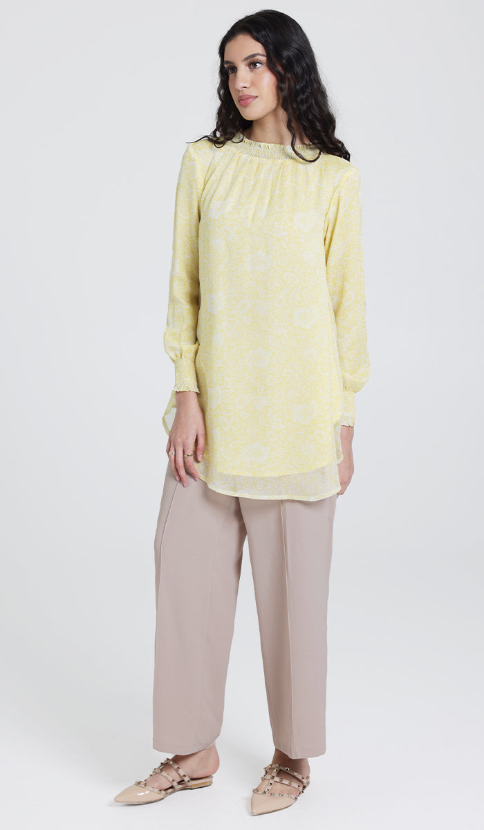 Azadi essential long chiffon print modest tunic yellow.